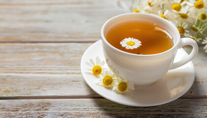 Cup of hot chamomile tea on light wooden background