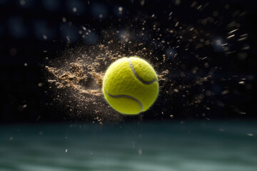 High-speed image of a tennis ball in flight, frozen against the backdrop of the court