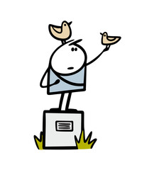 Bronze monument to a great person with an outstretched arm. Vector illustration of birds pigeons sitting on a local landmark.
