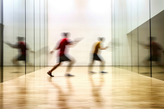 An abstract, blurred image of a fast-paced racquetball match, conveying the sense of speed and dynamics