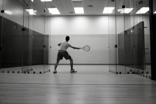An image capturing the split second before a powerful serve in a racquetball game, epitomizing anticipation and strategy
