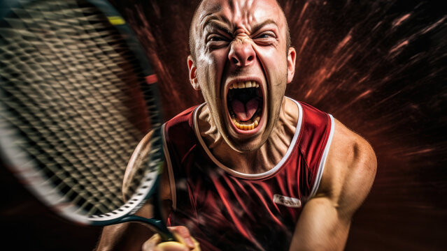 The intense facial expressions of a racquetball player mid-game, reflecting the psychological battle that unfolds in the court