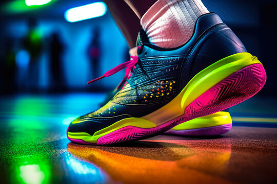 The colorful soles of a racquetball player's shoes in mid-run, adding a vibrant element to the intense game