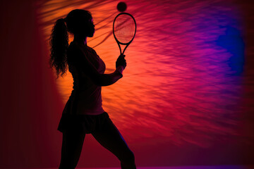 The silhouette of a racquetball player against the neon glow of the court lights, capturing a moody, atmospheric scene