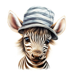 Fototapeta na wymiar Portrait of baby zebra cub in a hat and with glasses on a white background. Hipster illustration, animal print