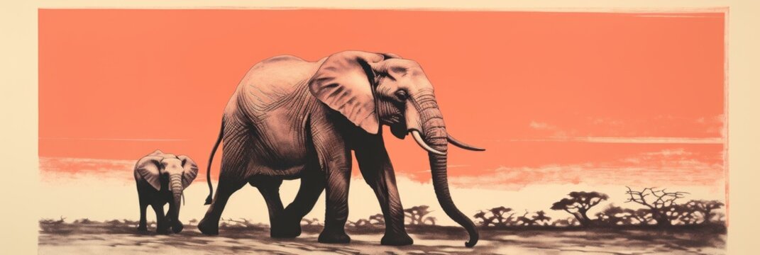 African elephants in retro style. Vintage and nostalgia. Generative AI