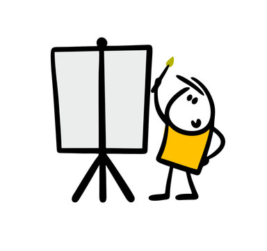 Enthusiastic artist paints a portrait or still life with a landscape with oil paints. Vector illustration of a boy with a brush and canvas on an easel.