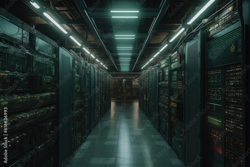 Poster server room with rows of computer servers and network equipment in a data center