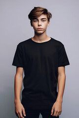 Black t-shirt mockup for teens and young adults. AI generative model wearing blank tshirt with space for your design, lettering or logo.