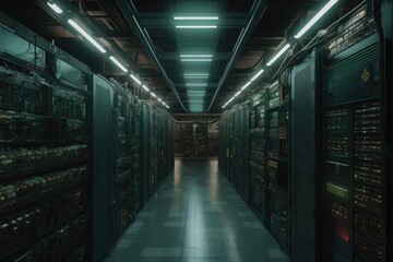 server room with rows of computer servers and network equipment in a data center