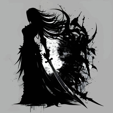 Black silhouette of a girl with sword on grey background.