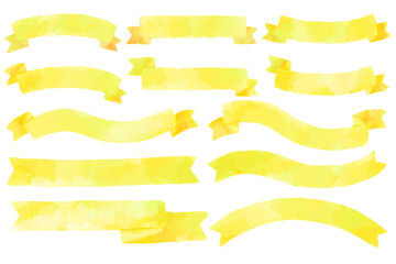 黄色いリボンのイラスト素材セット　手描き　水彩風
