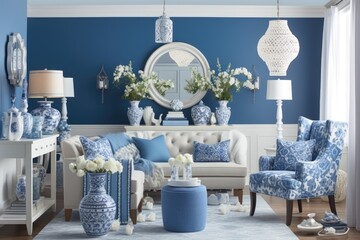 cozy living room with a blue and white color scheme