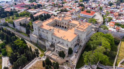 Fototapeta na wymiar Rhodes old town with Palace of the Grand Master aerial panoramic view in Rhodes island in Greece