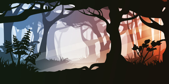 multicolor sunset in dense forest layer design
