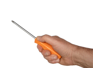 a screwdriver in a male hand - obrazy, fototapety, plakaty