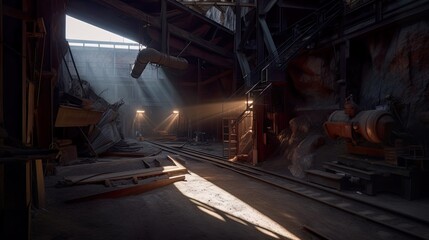 Fototapeta na wymiar Abandoned, forgotten coal mine, old damaged tonnels, daylight. Generative AI industrial interior.