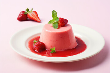 Pannacotta with strawberry jam topping, fresh strawberries, mint leaves in a white plate against a pink surface. Jelly milk dessert. Generative AI photo.