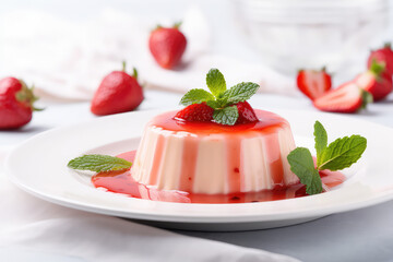 Panacotta with strawberry jam topping, fresh strawberries, mint leaves in a white plate against a kitchen backdrop of light colors. Jelly milk dessert. Generative AI photo.