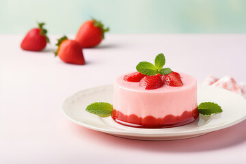 Panacotta with strawberry jam topping, fresh strawberries, mint leaves in a white plate against a kitchen backdrop of light colors. Jelly milk dessert. Generative AI photo.