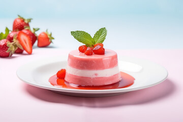Panacotta with strawberry jam topping, fresh strawberries, mint leaves in a white plate against a kitchen backdrop of light colors. Jelly milk dessert. Generative AI photo.