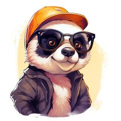 Fototapeta premium Portrait of baby Panda cub in a hat and with glasses on a white background. Hipster illustration, animal print