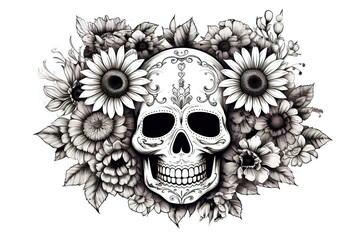 Obraz premium A sugar skull surrounded by sunflowers and daisies. Generative AI.
