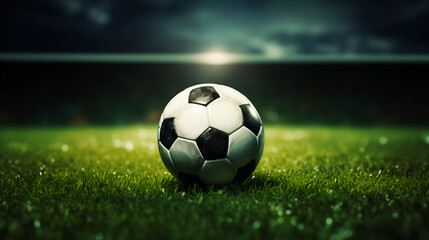 Fototapeta premium Soccer ball on green football field of stadium, soccer ball on the grass, soccer ball on grass