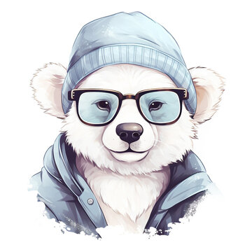 Portrait of baby polar bear cub in a hat and with glasses on a white background. Hipster illustration, animal print