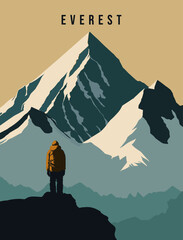 Hiker on the top of the mountain. Vector Illustration.