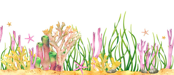 Watercolor underwater sea bottom. Hand drawn seamless border with seaweeds, corals, and stones isolated on a white background. © karish.art