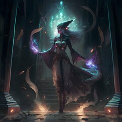 female elven wizard on a dark temple full body floating over the floor casting magic missiles AR32 