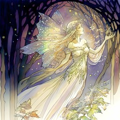 mucha fairy surrounded by bright light flying up into the trees to light the night lights in the village inner glow cute delicate intricate pen and ink watercolor 