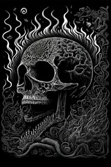 Black and white poster Psychedelic art 60s insanely detailed and intricate hand bones worms flames smoke trippy 
