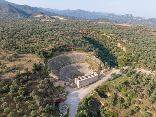 Nysa Ancient city. Aerial view of Roman period ancient theater (Amphitheatre) . Sultanhisar - Aydin - Turkey