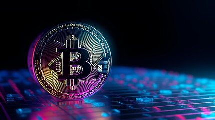  golden bitcoin coin on neon business digital background with copy space. 3D illustration. Generative AI