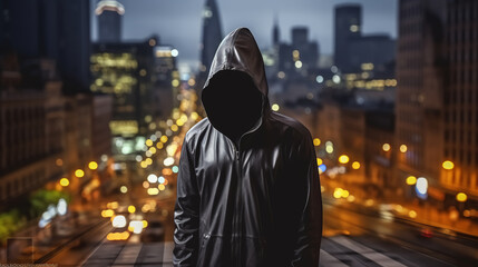 Fototapeta na wymiar Thief in black clothes on city background - No face - Gangster - Thug life