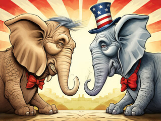 Elephant mascots for the Republican party facing off in battle for primary, caucus or policy issues in American politics  Illustrated  using generative ai. - obrazy, fototapety, plakaty