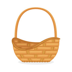 Empty wicker basket with handle. Decorative picnic containers for products. Straw or bamboo handmade pannier isolated on white background. Cartoon style. Clip art