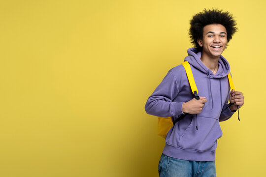 Smart smiling university student with backpack looking at camera