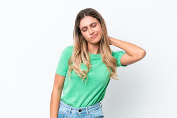 Young Uruguayan woman isolated on white background with neckache