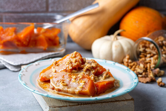 Traditional delicious Turkish cuisine; Pumpkin dessert or jam (Turkish name; Kirecte kabak receli or kabak tatlisi)