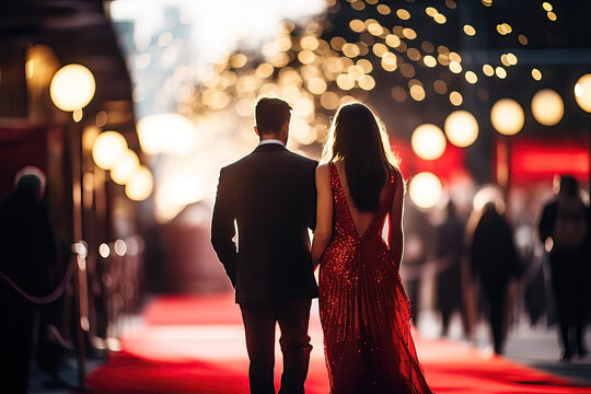 Red Carpet hallway with barriers and red ropes for Cinema and Fashion awards, a ceremony for celebrities persons. Couple walking on the carpet