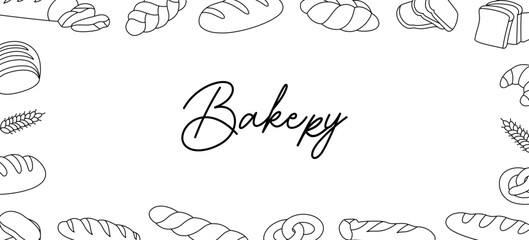 Bakery horizontal outline banner. Breads and pastry menu illustration. Whole grain and wheat bread, pretzel, ciabatta, croissant, french baguette.
