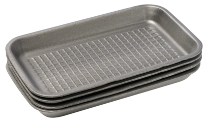 Disposable polystyrene foam rectangular plate for packaging vegetables and meat on a white isolated background