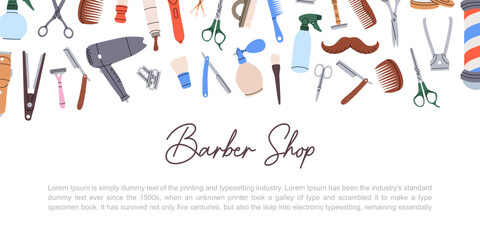 Barber shop banner. Barbershop horizontal background. Barber pole, razor blade, hair clipper, scissors, comb, spray bottle. Vector illustration