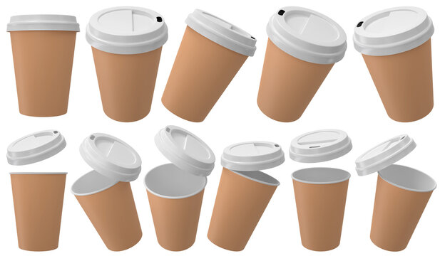 Brown Paper Coffee Cups With White Lid. Open And Closed Disposable Paper Cup Realistic Mockup. 3D Rendered Image.