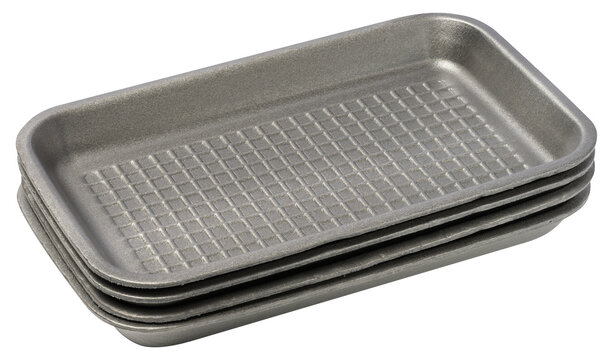 Disposable polystyrene foam rectangular plate for packaging vegetables and meat on a white isolated background