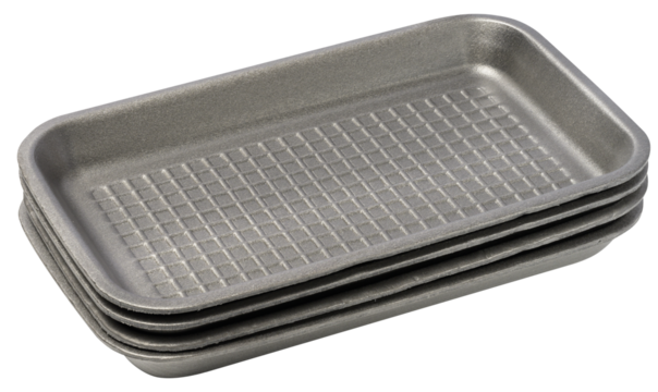 Disposable polystyrene foam rectangular plate for packaging vegetables and meat on a white isolated background