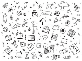 doodles. background drawings. financial and office theme. statistics. messages. notifications. key and lock. vector image. on a white background. doodle. black color.